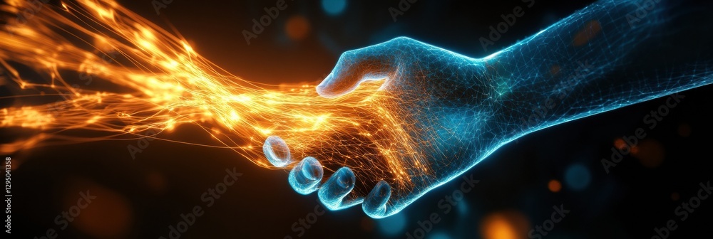 Aufkleber Glowing handshake symbolizes abstract connection between business partners in a digital landscape. Generative AI