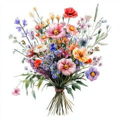 Obraz premium Vibrant Floral Bouquet with Colorful Wildflowers and Greenery Set Against a White Background for Artistic Design