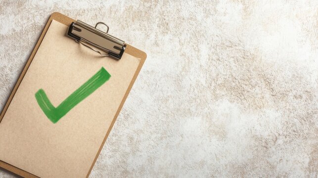 Green Check Mark on Clipboard Over Textured Background Surface