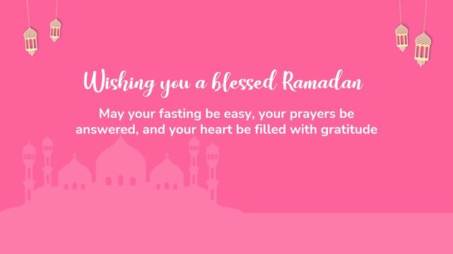 Animation of Happy Ramadhan Kareem greetings. Arabic calligraphy, lantern and mosque silhouette. Welcome Ramadan. Ramadan Mubarak. Marhaban ya Ramadhan