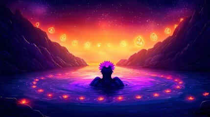 Naklejka premium Serene Sunset Ritual Mystical Figure in Glowing Water