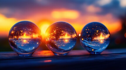 Three glass spheres arranged on a wooden table with natural light and shadows creating a serene atmosphere