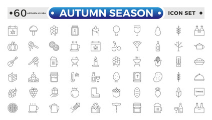 Autumn season outline Icons set. Collection of fall related objects, plants and animals, holidays, celebrations. Editable stroke outline icon.
