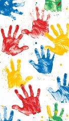 Colorful handprints adorn a white backdrop in joyful disarray