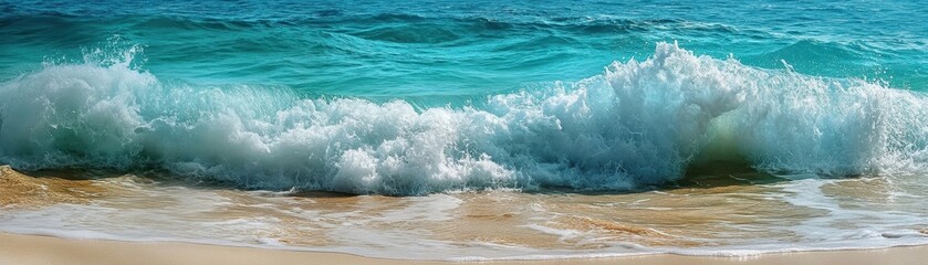 Fototapeta premium A large, frothy wave crashes onto the sandy shore of a picturesque beach, glistening under the sun.