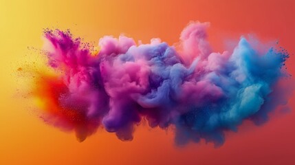 Fototapeta premium A dynamic cloud of multicolored Holi powder exploding in mid-air against a warm gradient background.