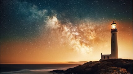 Serene Lighthouse Under the Milky Way Starry Sky at Night