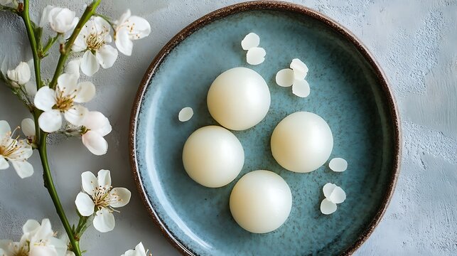 White Mochi on a Teal Plate with Blossoms / 花を添えたターコイズの皿の白い餅菓子