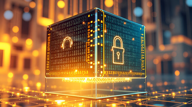 A futuristic quantum encryption system visualized as a glowing data cube, floating security layers shifting dynamically, ensuring unbreakable corporate