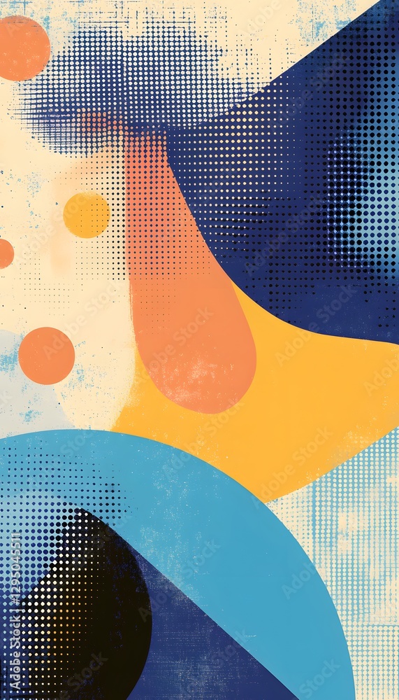 Poster abstract composition displays overlapping geometric shapes and halftone patterns