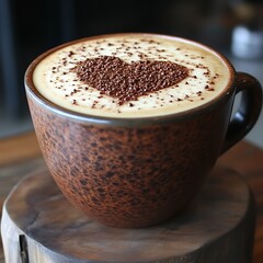 Heart-shaped latte art in a brown ceramic mug on a wooden stump