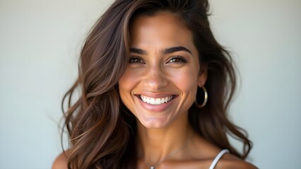 Fototapeta premium Confident Woman with Wavy Brown Hair and Natural Smile in Headshot