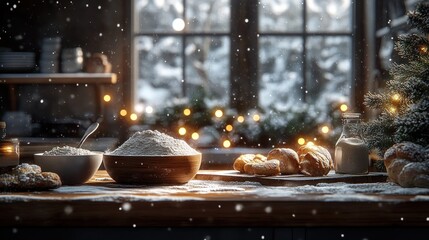 Obraz premium Snowy kitchen, flour bowl, baking, Christmas lights
