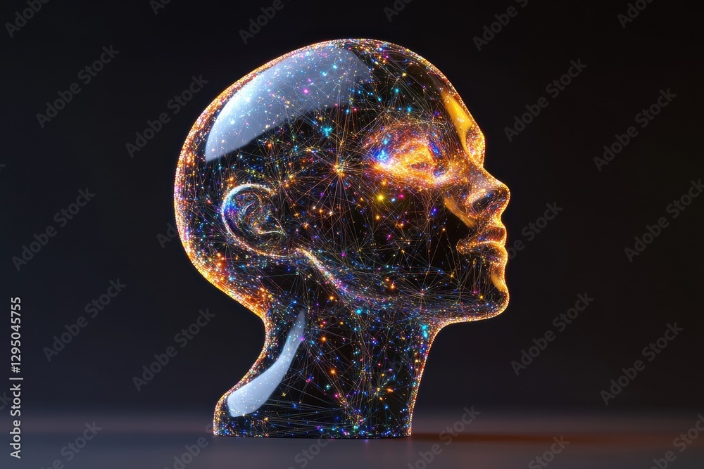 Aufkleber Silhouette of a human head illuminated with AI nodes and cosmic patterns in a digital cyberpunk landscape. Generative AI
