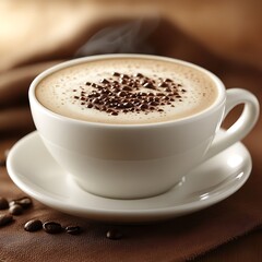 Steaming cappuccino, chocolate shavings, coffee beans, cafe, beverage, menu