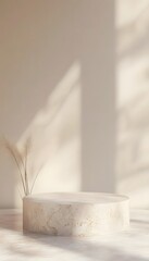 Round stone podium with dried grass in a bright space