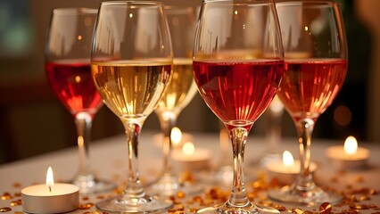 Naklejka premium Elegant Wine Celebration with Red, White, and Rosé Glasses and Golden Confetti
