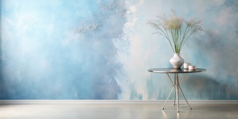 Serene Minimalist Interior Design Featuring a Modern Round Table with a Vase of Dried Flowers Against a Soft Blue Wall