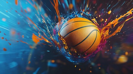 Basketball in motion with water splashes and colorful paint trails on blue background