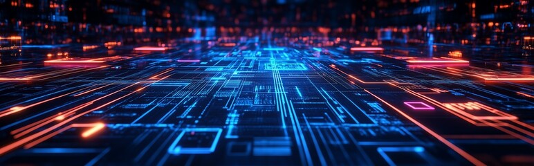 Futuristic digital interface featuring glowing circuits and holographic elements that embody innovation and advanced technology.