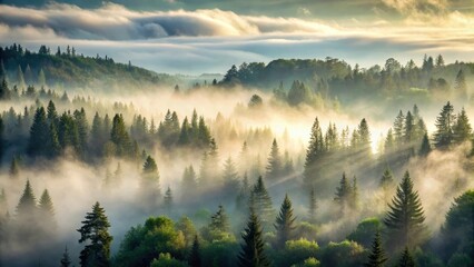 Obraz premium Misty Mountain Forest at Dawn Sunbeams Illuminate Evergreen Trees Shrouded in Fog