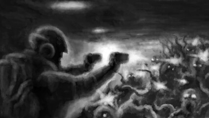 Angry space soldier and alien mutants. Terrible illustration on black and white. Horror genre. Gloomy characters from nightmares.