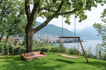 Springtime Garden with Wooden Swing and Lake Como View Near Cernobbio