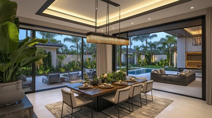 Modern Dining Room Overlooking Tropical Backyard