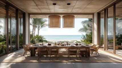 Modern dining room overlooking ocean beach