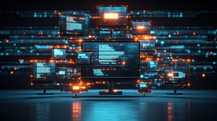 Computer monitor setup with multiple screens displaying various applications and photos on a desk