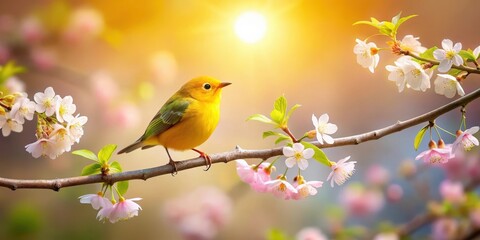 A vibrant yellow songbird perched gracefully on a blossoming branch, bathed in the warm glow of the setting sun, amidst a profusion of delicate pink and white flowers.