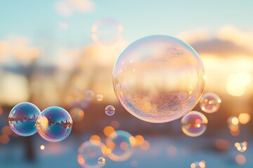 Sunset bubbles winter landscape, playful scene