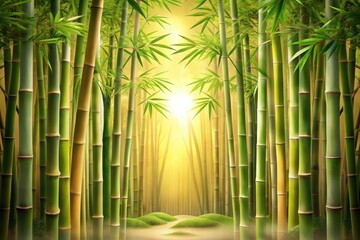 Serene Bamboo Forest Path Golden Sunlight Illuminates a Tranquil Scene of Lush Greenery and Gentle Mossy Hills