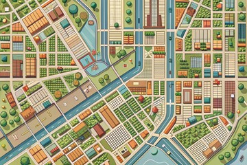 Obraz premium Aerial View of a Suburban Community Featuring Diverse Residential and Commercial Zones, Parks, and Waterways