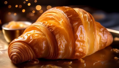 Extreme close-up of a croissant’s flaky layers, with rich buttery tones catching the light, showcasing its delicate texture and golden crispness.
