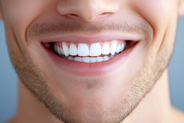Close-up of a man smiling, showing white and clean teeth