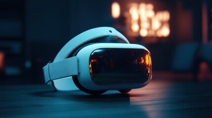 White vr headset placed on a table with a blurred background and soft lighting for a modern tech look