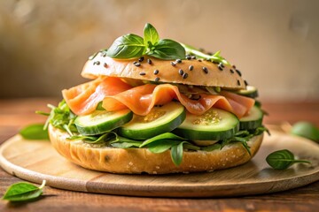 Delicious Smoked Salmon Bagel Sandwich with Fresh Cucumber and Basil Garnish on Wooden Board