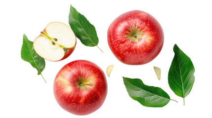 Ripe red apples with green leaves falling on transparent background