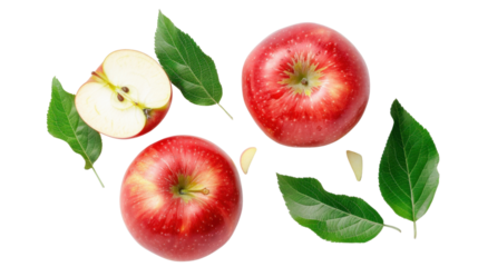Ripe red apples with green leaves falling on transparent background