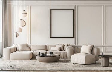 A modern living room with a large sectional sofa. coffee table. and a large empty frame on the wall