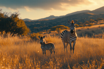 Naklejka premium Beautiful Zebra Mother and Baby Standing Together in the Vast Savannah Grassland: A Heartwarming Wildlife Scene Showcasing Parental Bond, Nature’s Beauty, and the Iconic Stripes of These Majestic Anim