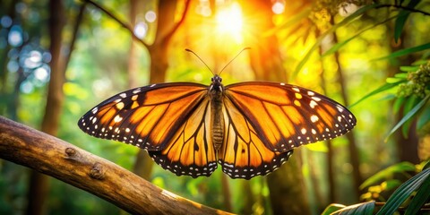 Naklejka premium A vibrant monarch butterfly with outstretched wings basks in the warm glow of the setting sun, delicately perched on a sun-drenched branch within a lush, verdant forest