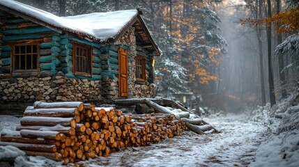 Snowy log cabin in the winter forest with stacked firewood