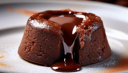 Ultra macro shot of a molten chocolate lava cake, with rich ganache oozing out slowly, capturing the decadent texture and indulgent flow of chocolate.