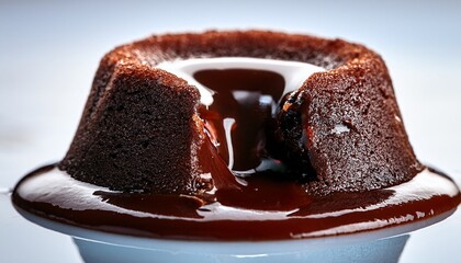 Ultra macro shot of a molten chocolate lava cake, with rich ganache oozing out slowly, capturing the decadent texture and indulgent flow of chocolate.