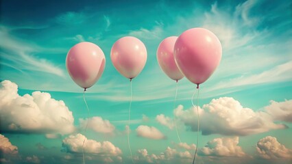 Pink balloons ascend, drifting serenely amidst a breathtaking expanse of fluffy white clouds and a vibrant teal sky, evoking a sense of carefree joy and lighthearted adventure.