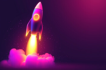 Futuristic digital glowing neon rocket launch icon isolated on a black background