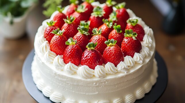Round Strawberry Cake with White Cream Topping / 白いクリームがトッピングされた丸いストロベリーケーキ