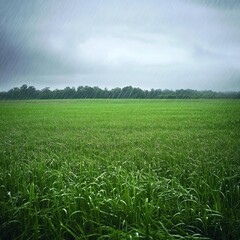 Fototapeta premium Lush green field under a rainy sky.